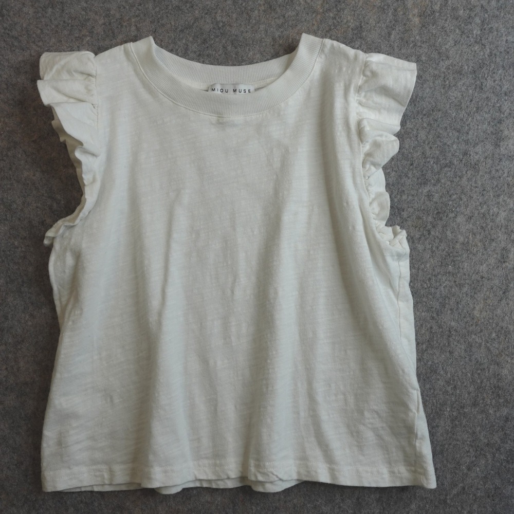 Anthropologie Miou Muse White Ruffle Sleeve Cotton Slub Knit Tee M Romantic‎ Top